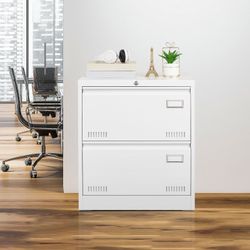 2 Drawer Lateral File Cabinet, White Lockable Metal Filing Cabinet for Legal, Letter & A4 Files, Home Office Storage Cabinet 