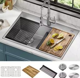 *NEW* KRAUS Loften 33 in Drop-In/Undermount Double Bowl 18 Gauge Stainless Kitchen Workstation Sink