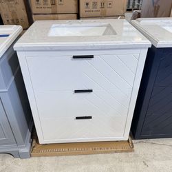 Brand New Bathroom Vanity “30” in White with 3 modern drawers and Marble Top in White $489 