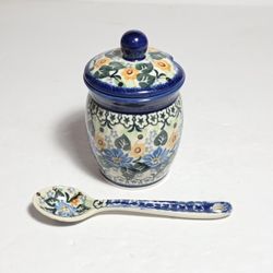 Polish Pottery Jar and Spoon Blue Orange Flowers