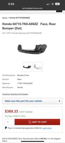 2011-2017 Honda Odyssey Rear Bumper