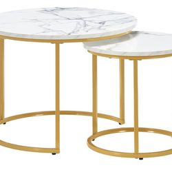Newly Assembled Round Nesting Coffee Table Set of 2, Modern Marble Pattern Wooden Nesting Tables