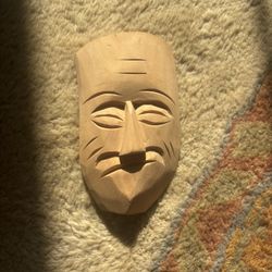 Wooden Carved Mask - Expressive Face  3.5 X2.4 X.75 Inches 
