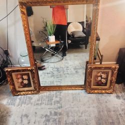 Vintage Mirror And Oil Paintings Set