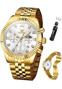Brandnew Men Gold Stainless Steel Band, Classic Quartz Analog Wristwatch, White Dial Men's Dress Watch for Business and Daily Wear