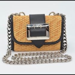 Tan Black Side Bag, With Thick Silver Chain  Side Strap