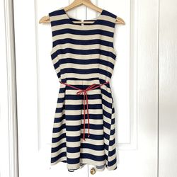 XS Navy and Beige Linen Dress with Belt