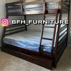 TwiN/Full Expresso Bunk bed w. Drawers & Ortho Mattresses Included
