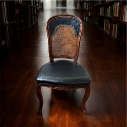 Vintage Wood & Cane Accent Chair with Black Upholstered Seat