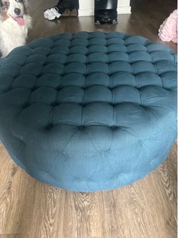 Large Round Blue Tufted Ottoman