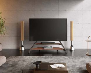 FITUEYES Design Modern TV Stand Rolling TV Floor Stand on Wheels for 75-100 Inch Large TVs, Living Room TV Stand Mount with Wooden Shelves, Eiffel Ser