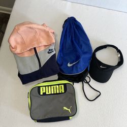 Nike Puma Mixed LOT Jacket Drawstring Bag Sun Visor Hat Lunch Box Activewear 