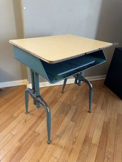 Vintage 1950s Adjustable Height Turquoise Steel & Wood High School Desk