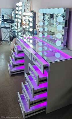 Modern Vanity Desk With 11- Glass Fronted Drawers and Vanity Mirror.