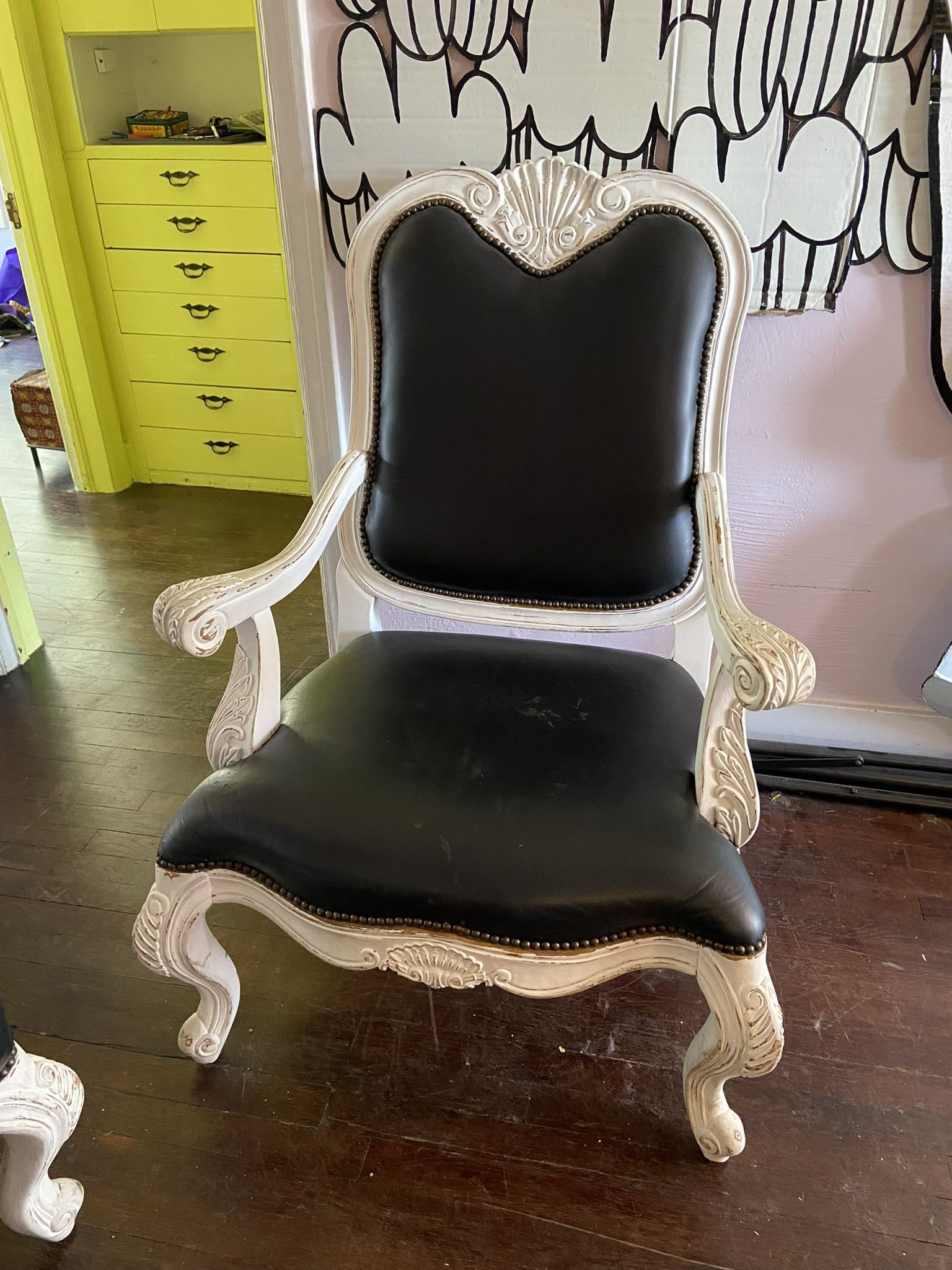 Elegant Vintage-Style Chair & Ottoman Set - Black Faux Leather with Carved White Frame - $275