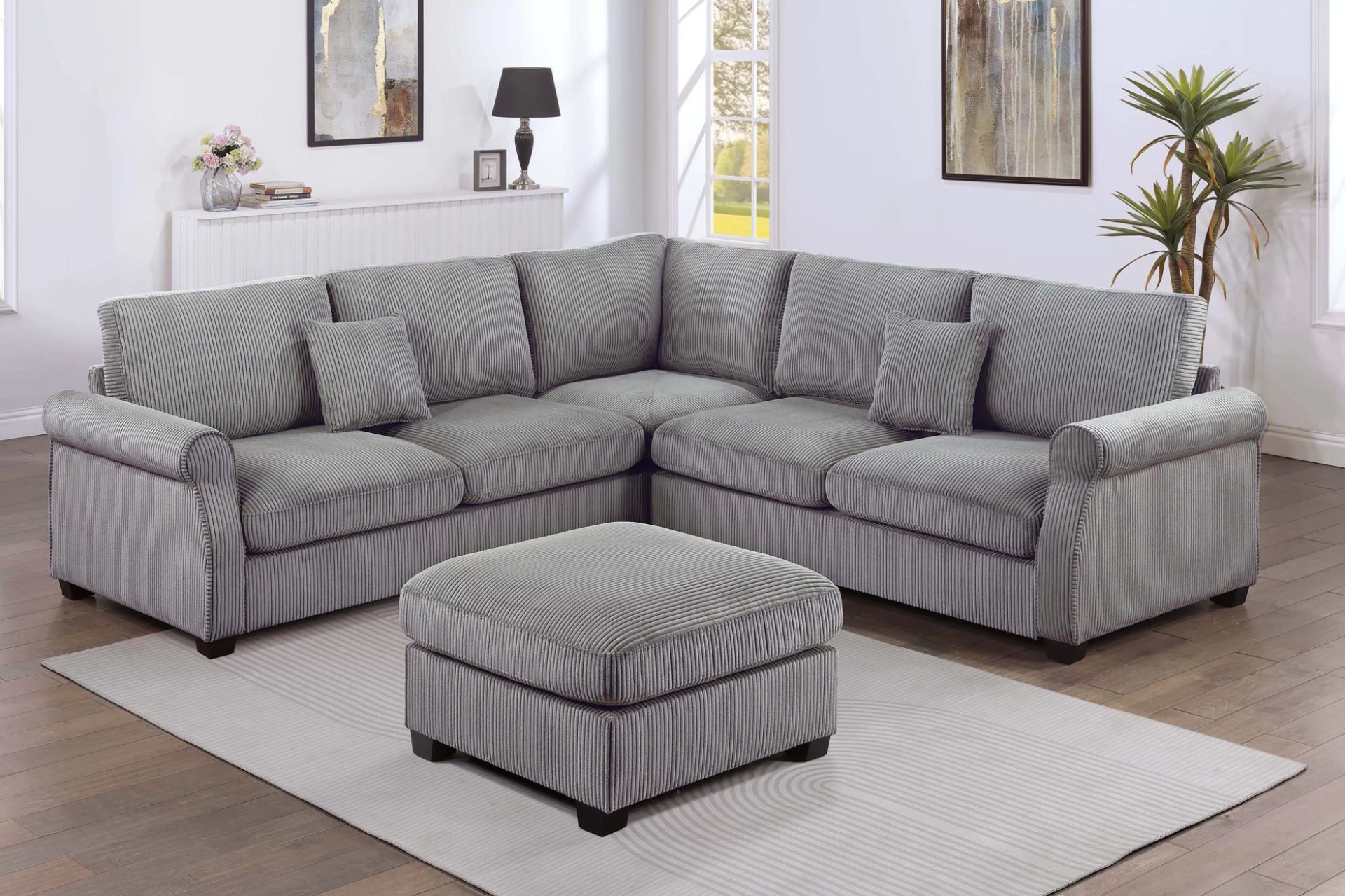 Brand New Grey Corduroy Sectional Sofa w Ottoman