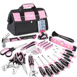 WORKPRO Pink Tool Set, 277 PCS Apartment Essentials Hand Tool Bag Set with 13-Inch Wide Mouth Open Storage Bag, Portable Home Tool Kit Including Hamme