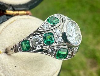 Estate Art Deco Platinum Diamond Emerald Ring