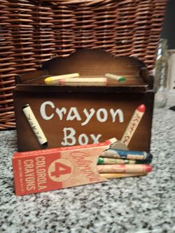 Vintage ENESCO Japan Wooden Crayon Box Wall Pocket E-1621 Nursery School Decor w/ Labels