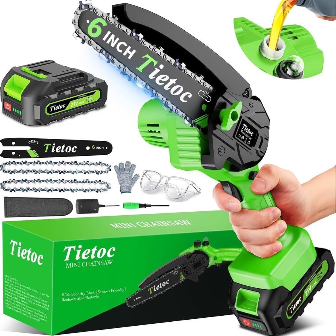 ► 6 Inch Mini Chainsaw Cordless Battery Electric Powered, Hand Held for Wood/Trees Trimming, Tools for Household Garden, Chain Saw