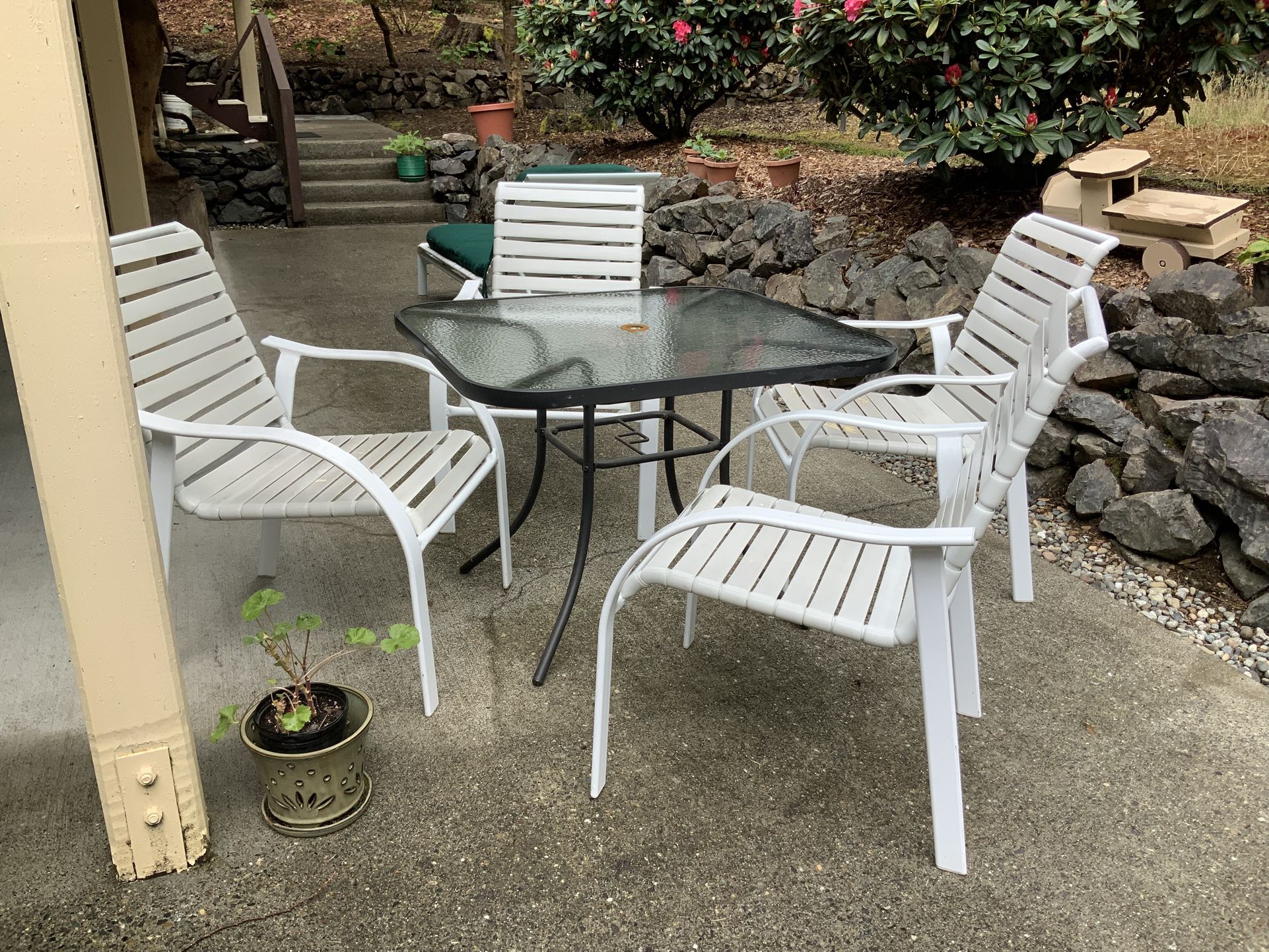 Patio Furniture Table, 4 Chairs, Lounger And Cushion