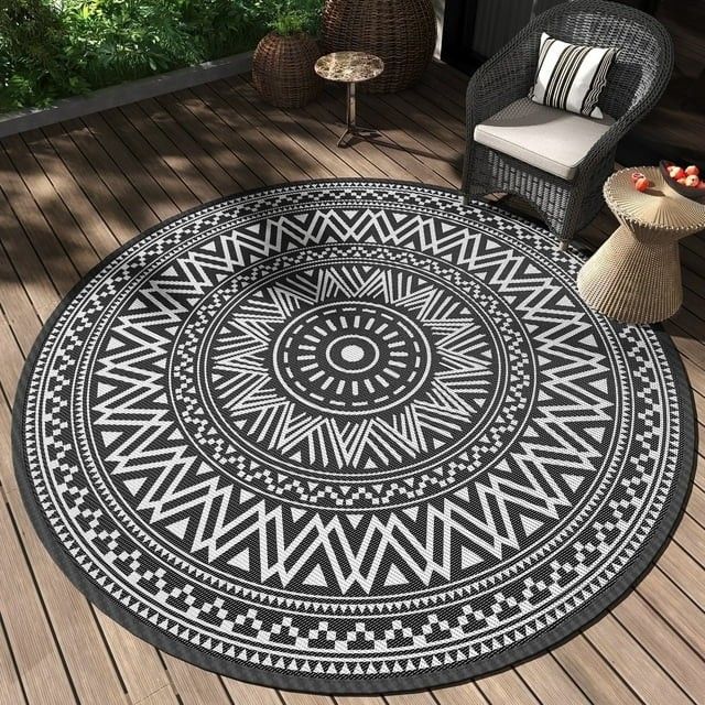8x8 Reversible Waterproof Outdoor Rug – Lightweight Plastic Straw Mat (Black/White)