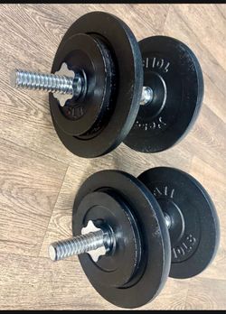 Set Of Cast Iron Standard (1.2 Inch) Dumbbells With 4 Weight Plates Of 10,  And 4 Of 5  Pounds.