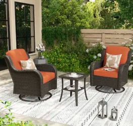 Ovios - 3 PCS Patio Bistro Set, Wicker Rocking Chairs, Rattan Swivel Chairs with Side Table - Orange Red(Brown Wicker)