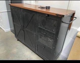 Minor Chip Newly Assembled 54.5" Farmhouse Kitchen Island w/ Power Outlet Black Rolling Cart