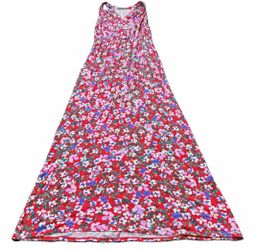 Women’s Floral Maxi Dress Red Pink Soft Stretch V-Neck Sleeveless Size M