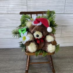 VTG Teddy Bear In Musical Wood Rocking Chair