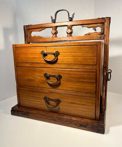 Antique Chinese Portable 3 Drawers Wedding Dowry Wooden Chest Wrought Iron