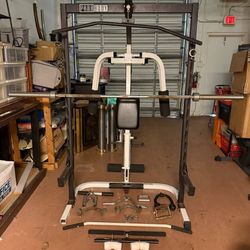 Pro System 893 Home Workout Gym Machine w/ Bench, (2) Barbells, Weight Plates + Rack, & Accessories