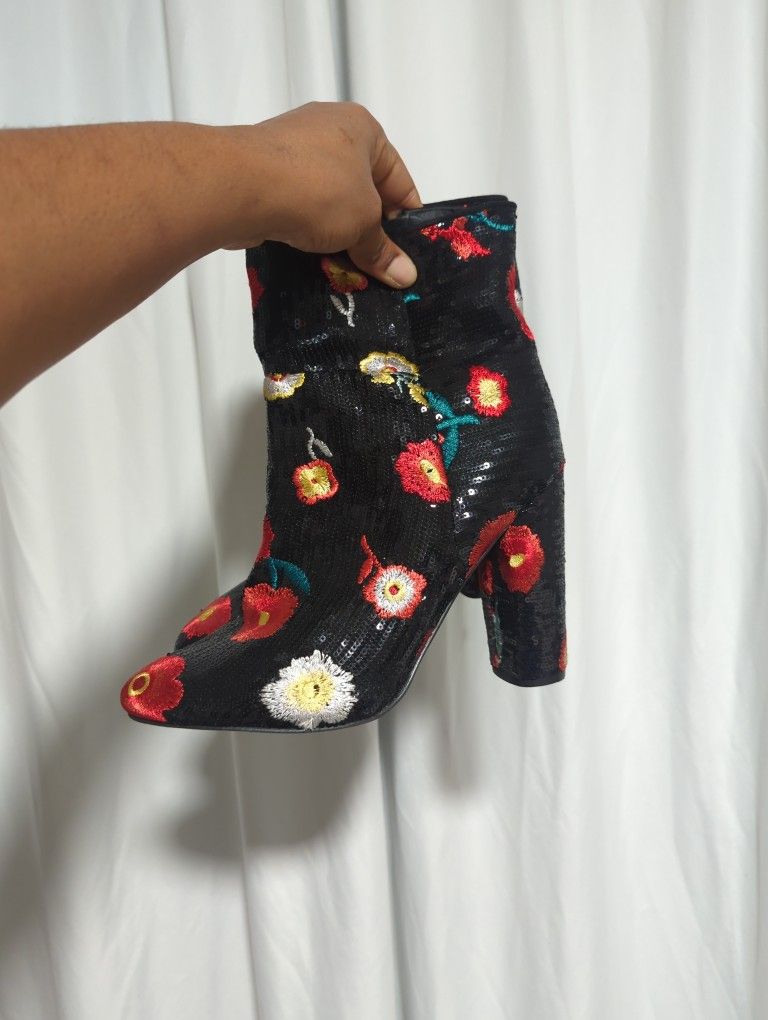Floral Print Sequins Boots