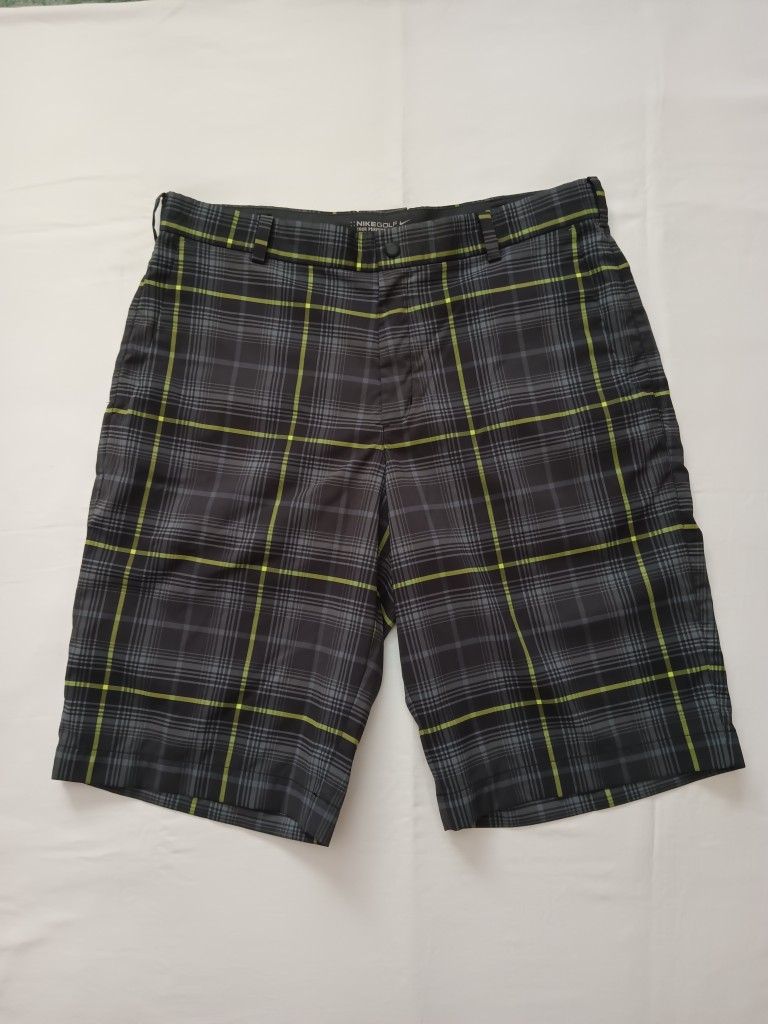 Nike Golf Dri Fit Tour Performance Dark Gray Lime Green Plaid Shorts Size 34