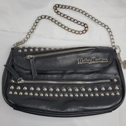 VTG Harley-Davidson Black Studded Leather Shoulder Bag Chain Strap & Skull Charm