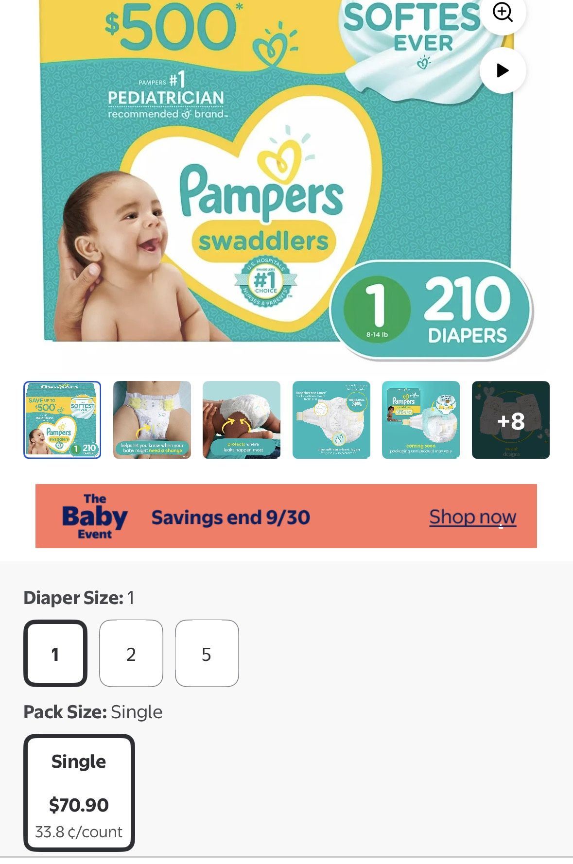 Pampers swaddlers size 1 (210 count)