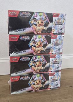For Sale: 
Brand New in Box Pokemon Trading Card Game TCG Scarlet & Violet Prismatic Evolutions Surprise Box and Booster Bundle Bundle