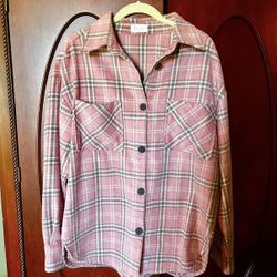 Brand New PINK LILY Boutique CHIC EDGE PINK PLAID FLANNEL SHACKET Size Large, Relaxed Fit, Shirt + Jacket = Shacket 