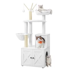 PCT113W01 Cat Tree with Toilet House, Modern 2-in-1 Scratching Post, Cat Litter Box, Cat Kennel with Scratching Posts, Sticks with Removable Tassels,