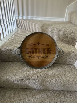 Round Wood and Metal Gather Serving Tray