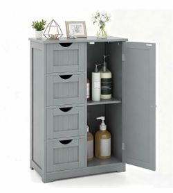 Nj-Bathroom Floor Cabinet, Side Storage Organizer Cabinet w/ 1 Cupboard and 4 Drawers, Wooden Free Standing Storage Cabinet w/Adjustable Shelf in 3 Po