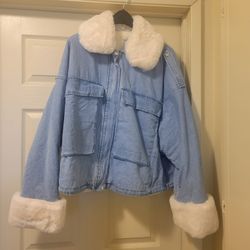 Fashion Nova Light Denim and Fur Trim Jacket