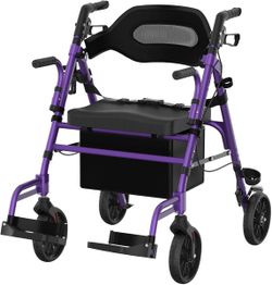Walker for Seniors with Seat, Extra Wide, 2 in 1 Rollator Walker & Transport Chair, Purple.