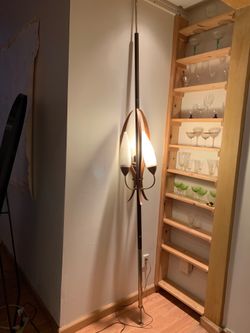Vintage midcentury modern pole lamp teak w/ bullet globes
