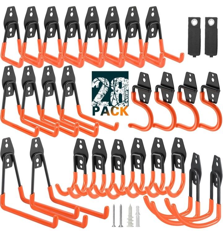28 Pack Heavy Duty Garage Hooks, Utility Wall Mounted Storage System, with Anti-Slip Coating Hanger, for Hanging Power and Garden Tools, Ladders