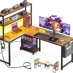 53 Inch L Shaped Desk with LED Lighting, Reversible Gaming Desk with Power Outlets, Cornor Computer Table with Storage Shelves  & Iron Hook
