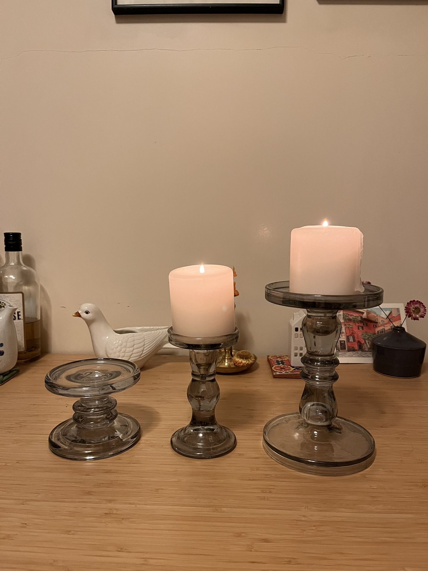 Set Of 3 Gray Glass Candle Pillars