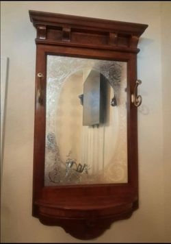 Antique Wood Hall Mirror with Hooks and Shelf