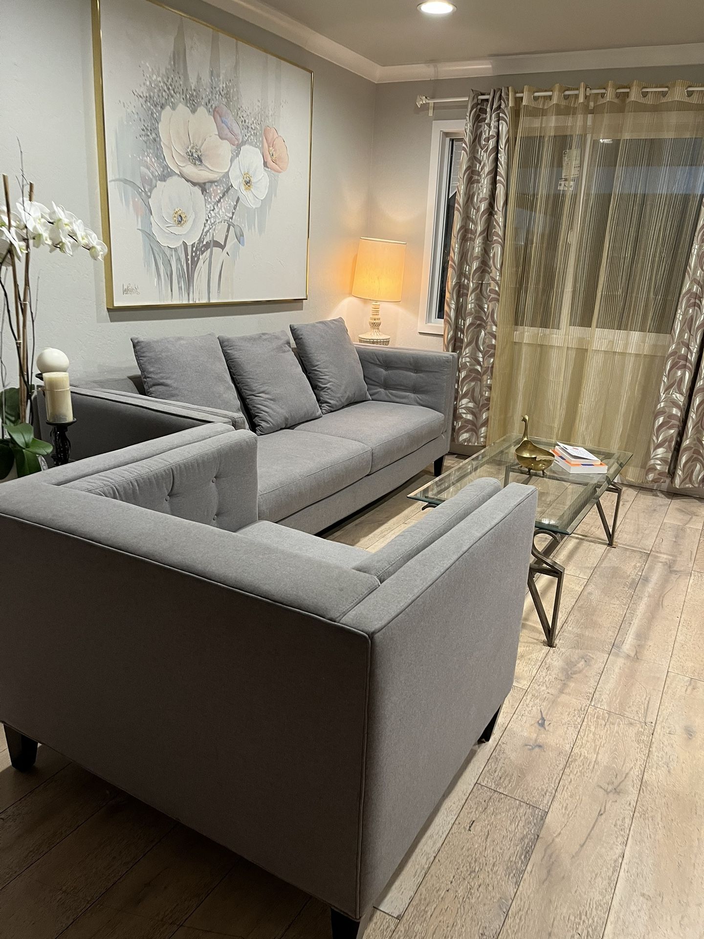 Gorgeous Modern Grey Tufted Sofa And Matching Chair